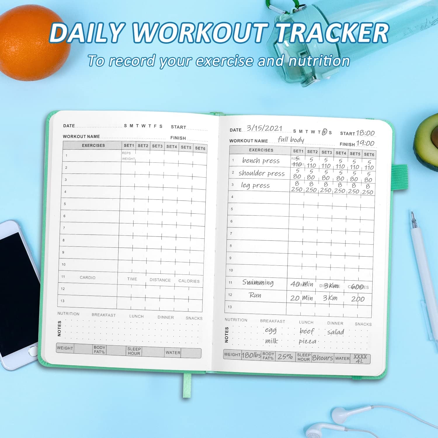 Fitness Journal Hardcover 6- Month Workout Planner Undated Workout Log Book Home Gym Accessories for Women and Man(Green)