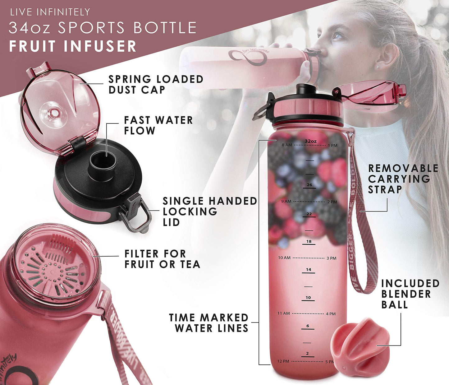 Gym Water Bottle with Time Marker Fruit Infuser and Shaker 34 Oz Burgundy