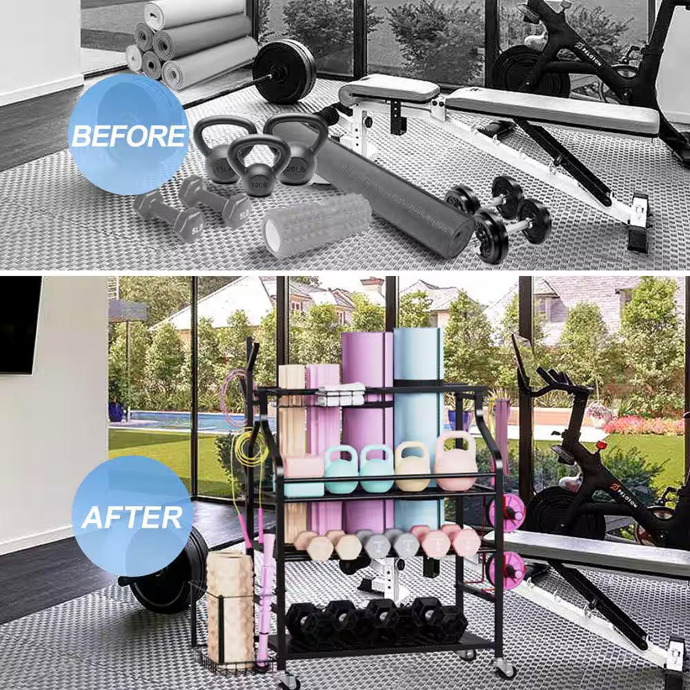 4 Layers Yoga Mat Storage Rack, Dumbbells Rack, Home Gym Holder Garage Storage Organizer with Wheels and Hooks