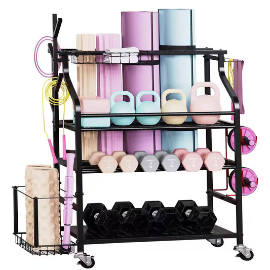 4 Layers Yoga Mat Storage Rack, Dumbbells Rack, Home Gym Holder Garage Storage Organizer with Wheels and Hooks