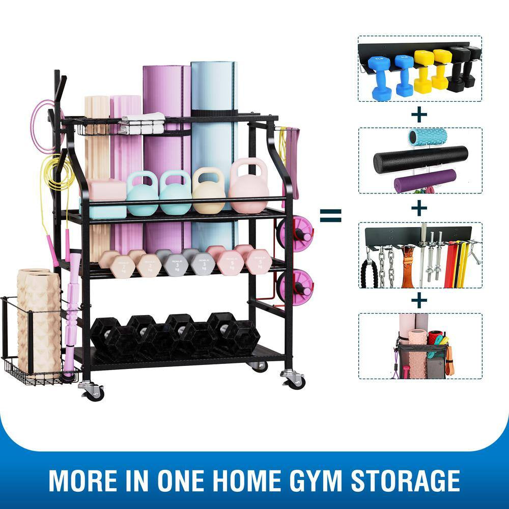 4 Layers Yoga Mat Storage Rack, Dumbbells Rack, Home Gym Holder Garage Storage Organizer with Wheels and Hooks