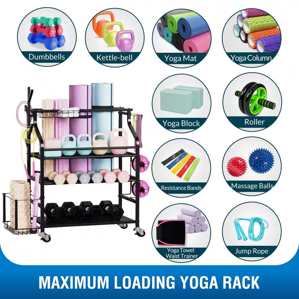 4 Layers Yoga Mat Storage Rack, Dumbbells Rack, Home Gym Holder Garage Storage Organizer with Wheels and Hooks