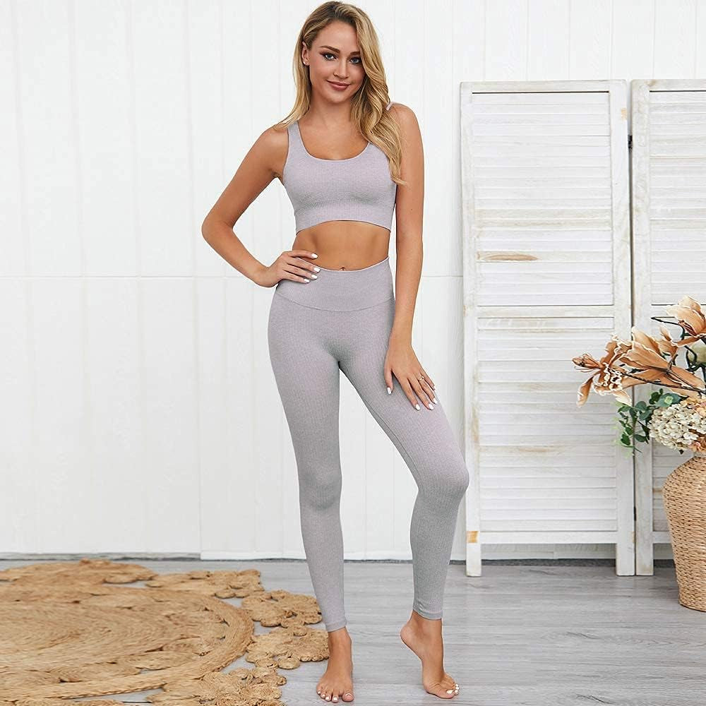 Exercise Outfits for Women 2 Pieces Ribbed Seamless Yoga Outfits Sports Bra and Leggings Set Tracksuits 2 Piece